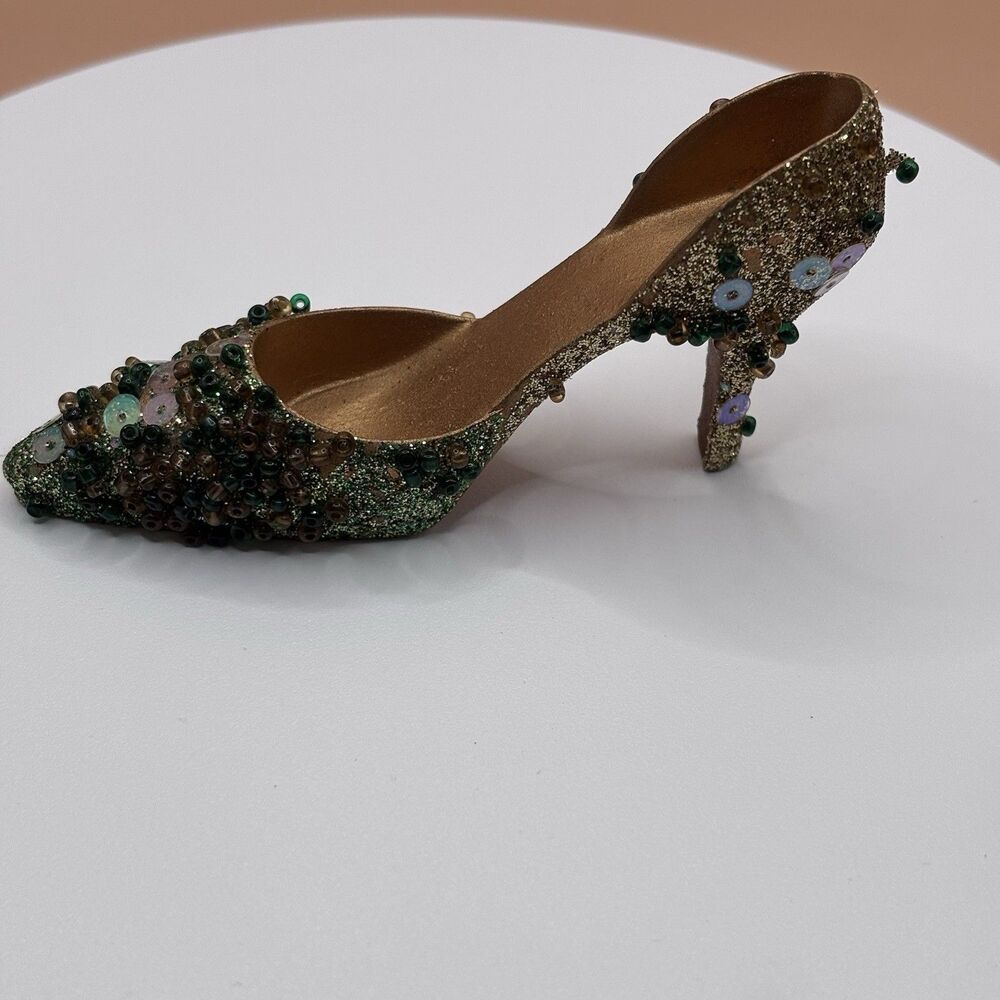 Miniature Beaded Glitter High Heel Shoe Figurine Gold Green Sequin Decor Collect